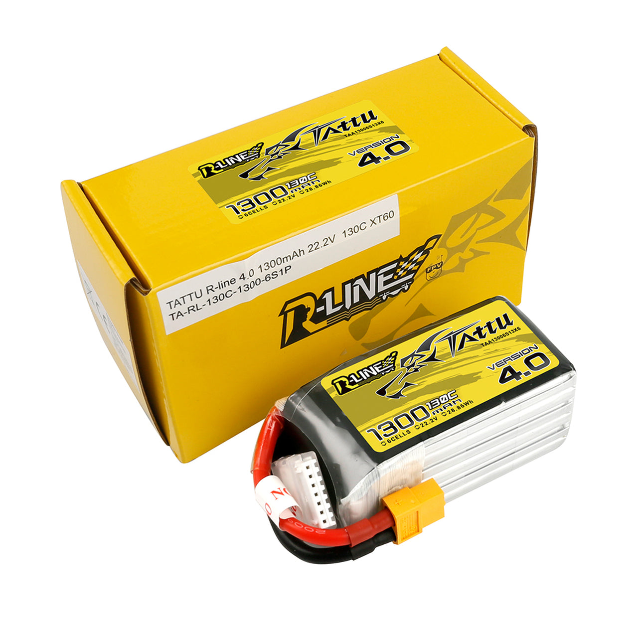 Tattu R-Line Version 4.0 1300mAh 22.2V 130C 6S1P Lipo Battery Pack with XT60 Plug - DroneLabs.ca